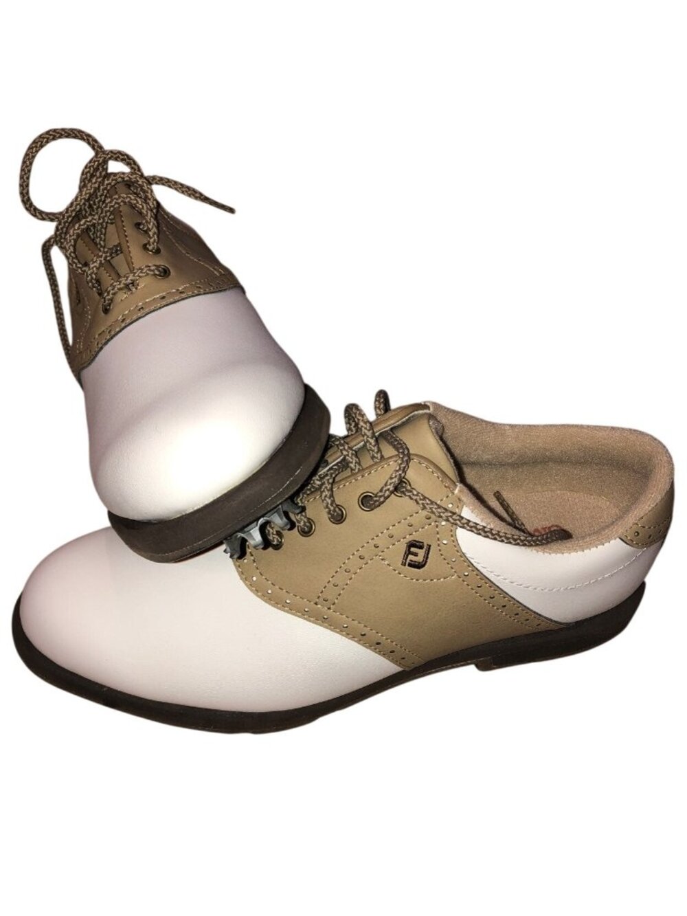 FootJoy GreenJoys Womens Golf Shoes 7.5M White & Tan With Soft Spikes